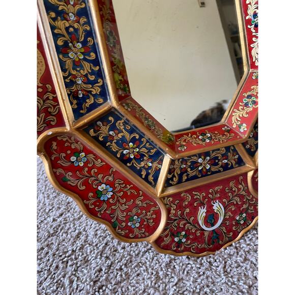 Peruvian Wall Mirror Octagonal Wood Frame Reverse Glass Painting birds flowers - Picture 7 of 16